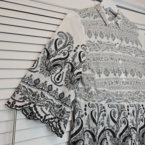 CHICO'S Paisley‎ Eyelet Shirt Black White Cotton Sz OP - 2P Boho Romantic Blouse - Picture 4 of 13